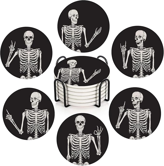 Britimes Coaster for Drinks Set of 6, Skeleton Skull Body Vintage Bones Absorbent Round Ceramic Stone Mat, with Cork Base and Metal Holder, Gift for Housewarming Room Bar Decor - sugar skull coasters set