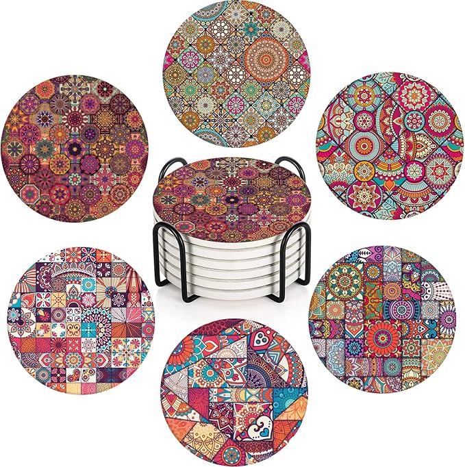 Britimes Coaster for Drinks Set of 6, Vintage Ottoman Flower Mexican Mandala Table Absorbent Round Ceramic Stone Mat, with Cork Base and Metal Holder, Gift for Housewarming Room Bar Decor - sugar skull coasters set