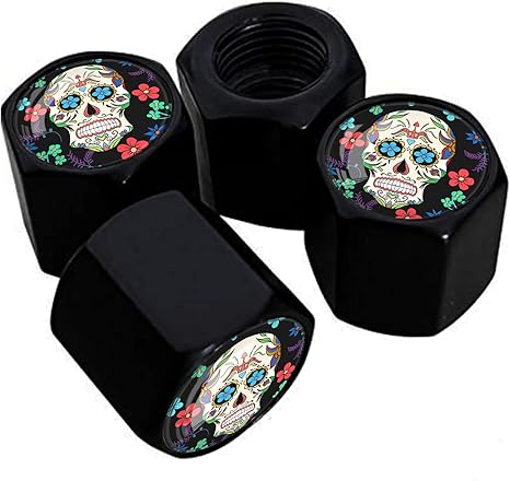 Metal Car Wheel Tire Valve Stem Caps 4 Pack Sugar Skull Print Aluminum Car Tire Air Valve Caps for Cars, Trucks, Bikes, Motorcycles, Bicycles, Corrosion Resistant - sugar skull car seat covers set