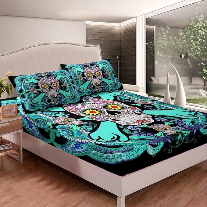 Sugar Skull Bedding Sets Queen,Bohemian Paisley Fitted Sheet Gothic Bone Bed Sheets Exotic Boho Floral Colorful Bedding Decor Set Tribal Nordic Skeleton Halloween Decor,Teal - sugar skull bedding set