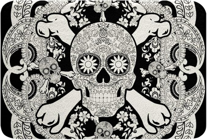 Sugar Skull Bathroom Rugs 20"x32",Bohemian Paisley Door Mat Gothic Bone Rug Exotic Boho Floral Colored Kitchen Rugs Ethnic Nordic Skeleton Halloween Decor,Black and White - sugar skull toilet mat set