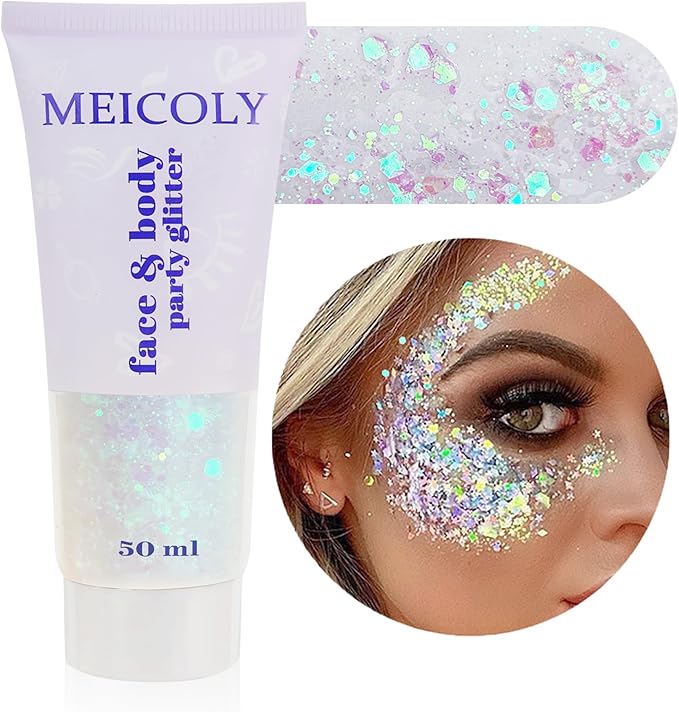 MEICOLY Clear White Body Glitter,Singer Concerts Music Festival Rave Accessories,Mermaid Face Glitter Gel,Sequins Glitter Face Paint,Chunky Hair Sparkling Halloween Glitter Gel for Women,50ml - sugar skull makeup kit