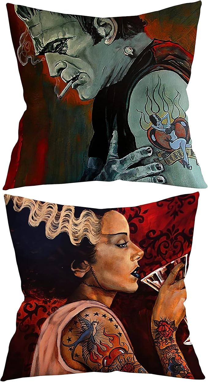 Giosve Frankenstein Couple Throw Pillow Case, 18 x 18 Inch Set of 2, Monster and Bride Decor, Gift for Couple Horror Wedding, Anniversary, Wedding, Cushion Cover for Sofa Couch Bed -80 (Red) - sugar skull throw pillow