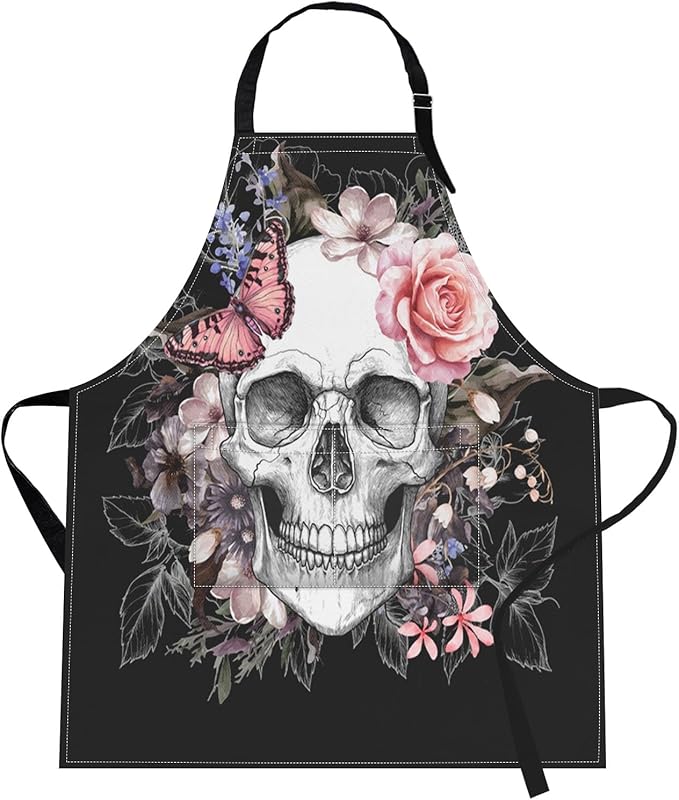 Britimes Apron Home Kitchen Cooking Baking Gardening for Women Men with Pockets Skull Flowers Vintage Rose Floral 32x28 inch - sugar skull apron for women