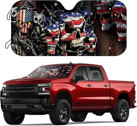 American Flag Skulls Fit Most Cars SUV Trucks Windshield Sunshade Foldable Sun Shade Can Blocks UV Rays Keep Your Vehicle Cool - 57 x 27 Inch - sugar skull car sunshade for windshield