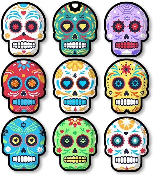 9-Pack Sugar Skull Stickers (Multi Colored Day of The Dead Decals Dia de Los Muertos Vinyl (2.5 inch Tall) - sugar skull vinyl sticker