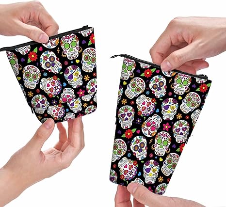 Swono Sugar Skull Pencil Case Day Of The Dead Skeleton Standing Pencil Case Pencil Holder Pencil Pouch Cosmetics Bag Makeup Office Bag Colorful - sugar skull makeup kit