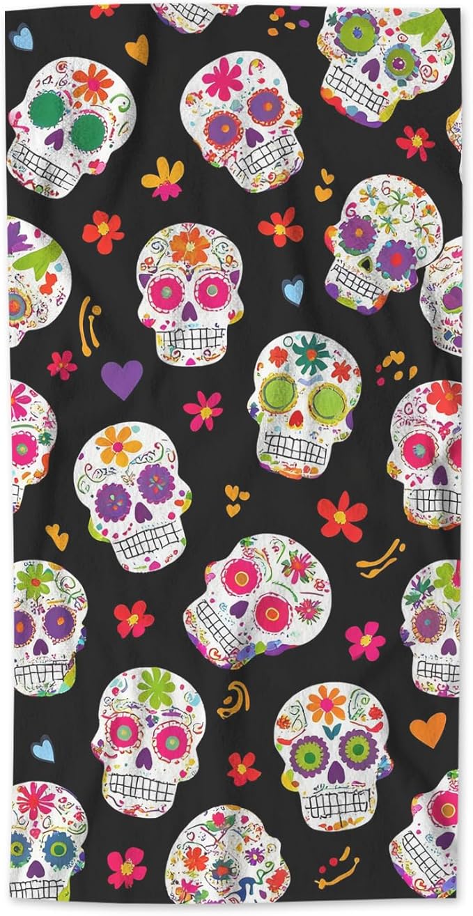 AOYEGO Skull Hand Towel Sugar Skull Flower Skeleton Head Halloween Day of The Dead Towels Cotton Face Towel Bath Kitchen Decor Set for Women Men Girls Boys 15x30 Inch - sugar skull beach towel