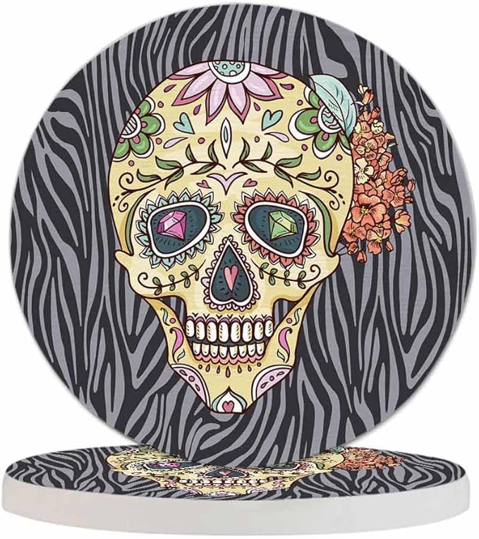 Diamond and Flowers Sugar Skull Table Coasters for Drinks Day of The Dead Mexican Rock Roll 100% Diatomite Home and Dining Room Bar Decor 4 X 4 X 0.35 Inch for Men Women - sugar skull coasters set