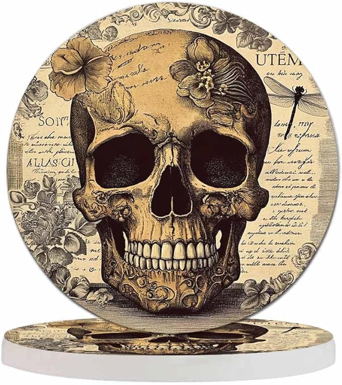 Vintage Head Skull Cup Coasters for Table Retro Floral Background Death Smile Antique Reusable Drink Coasters Set 2 Pcs Coffee Home Farmhouse Living Room Bar Decor - sugar skull coasters set