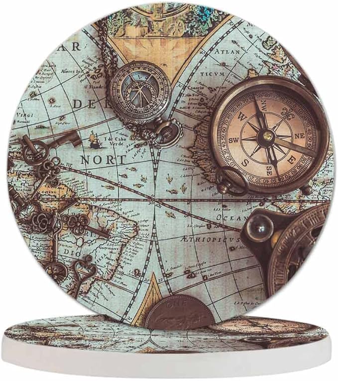 Antique Pirate Rare Items Cup Coasters for Table Retro Compass Vintage Skeleton Key World Map Adventure Reusable Drink Coasters Set 2 Pcs Coffee Home Farmhouse Living Room Bar Decor - sugar skull coasters set