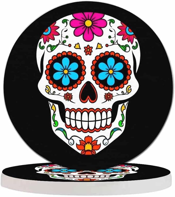 Sugar Skull Round Coaster for Home Coffee Table Human Head Mexican Spooky Skeleton Horror Bone Death Farmhouse Drink Coasters 100% Diatomite 4''X 4''X 0.35'' Printed Pattern - sugar skull coasters set