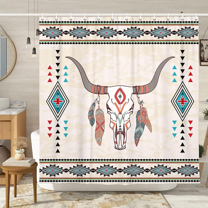 Western Boho Shower Curtain Bull Skull Aztec Native American Tribal Southwestern Shower Curtains Set Cattle Feathers Geometry Shower Curtains for Bathroom 72X72 Inches with Hooks - sugar skull shower curtain set