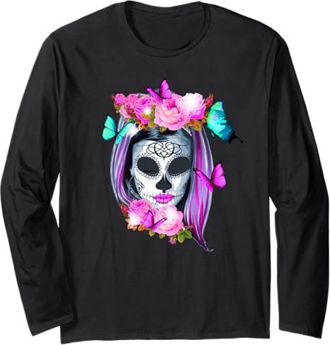 Flowers Sugar Skull Day of the Dead Dia De Muertos - sugar skull long sleeve shirt mens