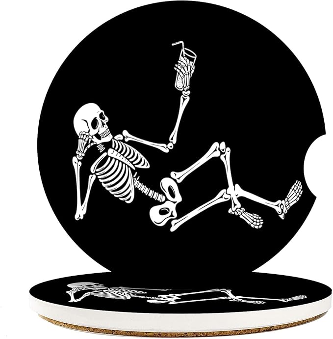 Britimes Car Coasters for Drinks Absorbent, 2 Pack Cup Holders, 2.56" Ceramic Stone & Non-Scratch Cork Base Coasters, Auto Accessories for Women & Men, Human Skeleton Cocktail Funny Skull - sugar skull coasters set