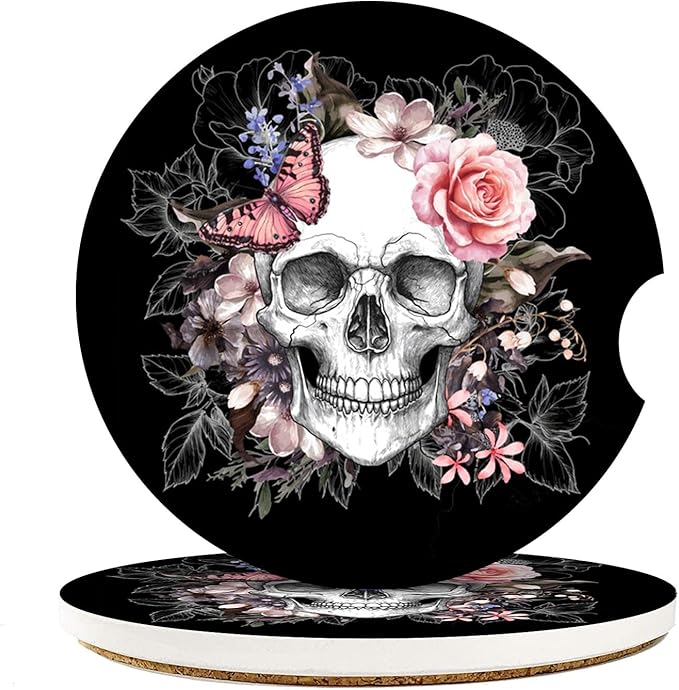 Britimes Car Coasters for Drinks Absorbent, 2 Pack Cup Holders, 2.56" Ceramic Stone & Non-Scratch Cork Base Coasters Cupholder, Auto Accessories for Women & Men, Skull Flowers Vintage Rose Floral - sugar skull coasters set