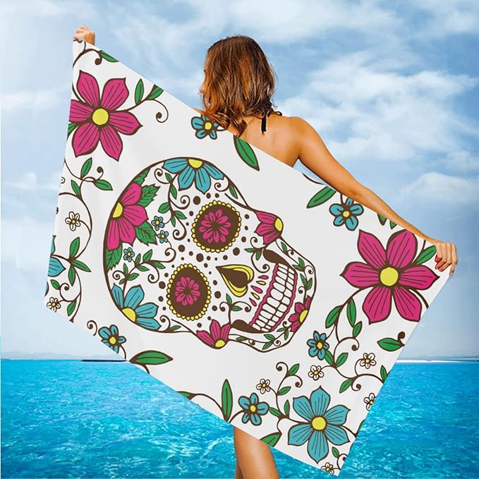 feelacle Skull Flower Day of The Dead Sand Free Beach Towel Absorbent Bath Towel Large Hand Towels for Swimming Bathroom Spa Pool - sugar skull beach towel