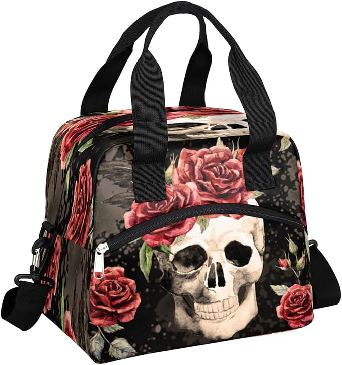 Gothic Sugar Skull Red Rose Lunch Bag Adjustable Shoulder Strap Cooler Bag Reusable Zipper Insulated Lunch Tote Bag for Work Picnic Camping School - canvas sugar skull tote bag