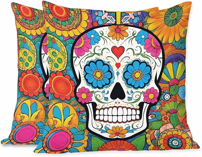 Throw Pillow Covers Colorful Sugar Skull Floral Skeleton Ornament Set of 2 Decorative,Cushion Case for Home Sofa Chair Car for Men Women 18X18 Inch - sugar skull christmas ornament
