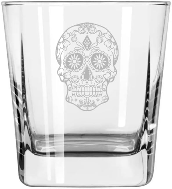MIP Brand 12 oz Square Base Rocks Whiskey Double Old Fashioned Glass Sugar Candy Skull - sugar skull wine glass