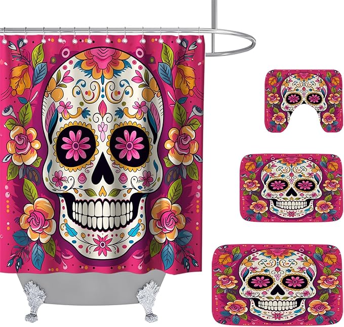 TheBlackSpot Sugar Skull Mexican Halloween Shower Curtain Sets 72" x 72" with Bathroom Rug Memory Foam 20" x 31" Bath Rug 16" x 24" Mat Non Slip U-Shaped and Hooks - sugar skull shower curtain set
