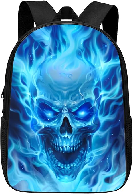 Gothic Skull Backpack Cool Skull with Blue Fire School Bookbag for Boys Girls Elementary Middle High College School Casual Travel Bag Computer Laptop Daypack Rucksack, 17 Inch - best sugar skull backpack