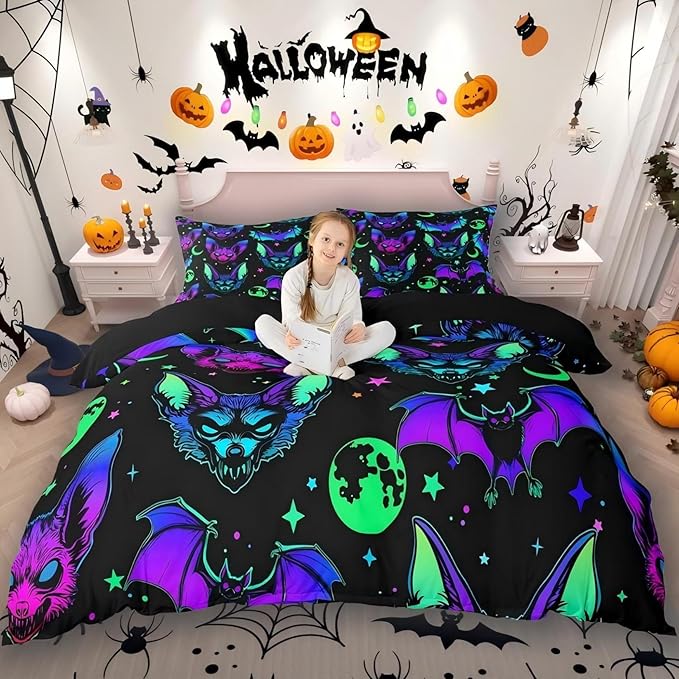 Starry Sky Duvet Cover Gothic Bats Comforter Cover Set Green Purple Galaxy Bedding Set Queen for Kids Child Toddler,Spooky Glitter Animal Bedclothes Sugar Skull Skeleton Halloween Bedroom Decor - sugar skull throw blanket