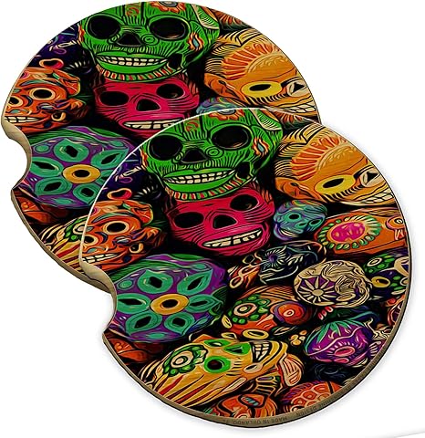 Sunshine Cases Sugar Skull Dia De Los Muertos Wood Car Coaster Gift Set fit Car & Truck Cup Holder (Set of 2 car Coasters) - sugar skull coasters set