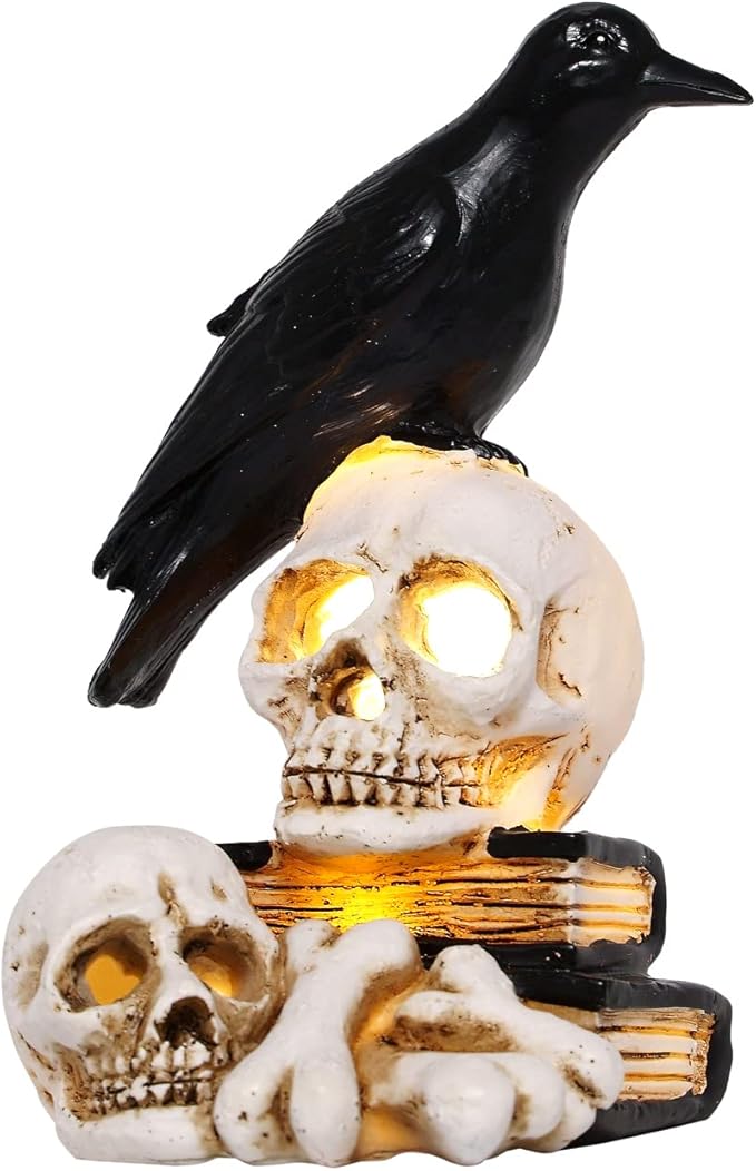 DERAYEE Halloween Decoration Skull LED Light, Raven on Zombie Skull Statue for Halloween Party and Home Decoration - sugar skull table lamp