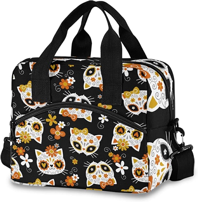 Cute Cat Sugar Skulls Flowers Black Lunch Box Insulated Lunch Bag Lunchbox Adult Women Cooler Bag Reusable Lunch Tote Bag Shoulder Bag for Work School Picnic - canvas sugar skull tote bag
