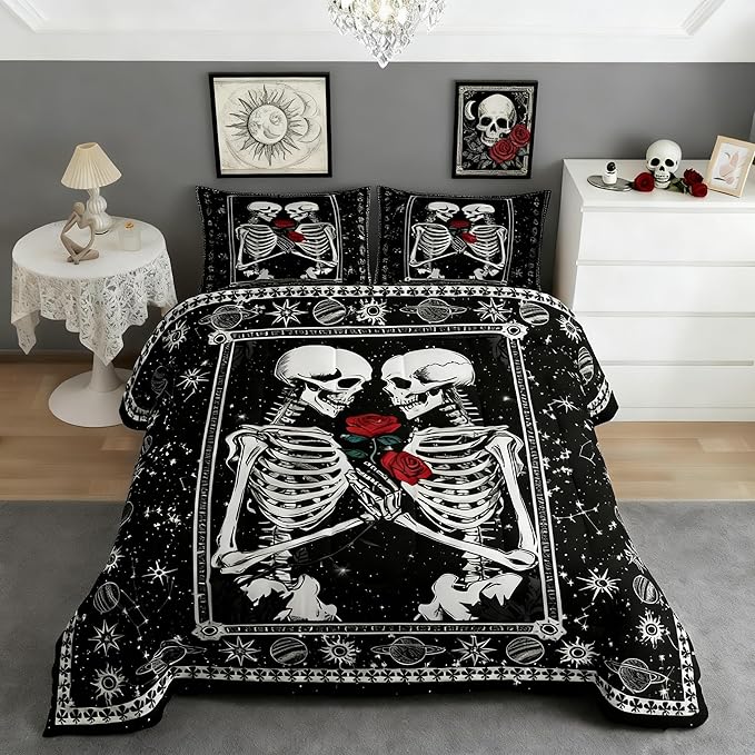 Skull 3 Pieces Queen Size Comforter Set,Kissing Lovers Skeleton Sugar Skull Down Alternative Adults Bedroom Decor,Starry Galaxy Constellation Ultra Soft Microfiber Inner Fill 3Pcs Bedding - sugar skull bedding set