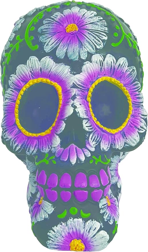 5'' Fess Products Floral Day of The Dead Black and Pink Sugar Skull Coin Bank, Multicolor - sugar skull figurine collectible