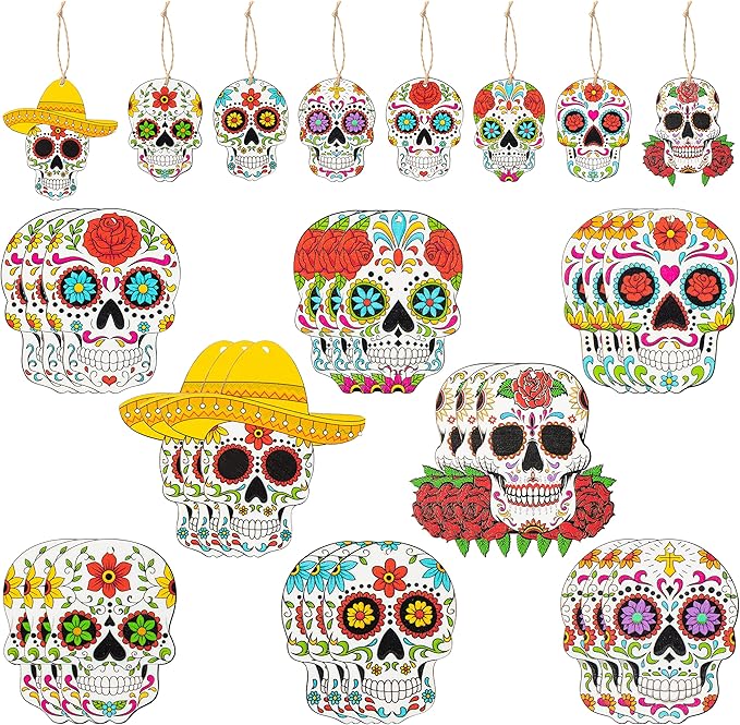 Haooryx Halloween Day of the Dead Ghost Wooden Hanging Ornaments - 25Pcs Sugar Skulls Wood Pendent Decoration Mexican Fiesta Dia de Los Muertos Skull Skeleton Tag for Tree Halloween Party Favor Supply - sugar skull christmas ornament