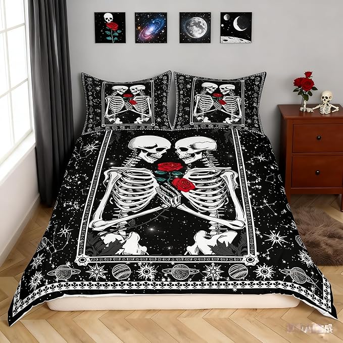 Skull Duvet Cover King Size,Kissing Lovers Skeleton Sugar Skull Bedding Set 3pcs for Teens Adults,Starry Galaxy Constellation Comforter Cover Soft Quilt Cover Bedroom Decor Bedspread,No Comforter - sugar skull bedding set