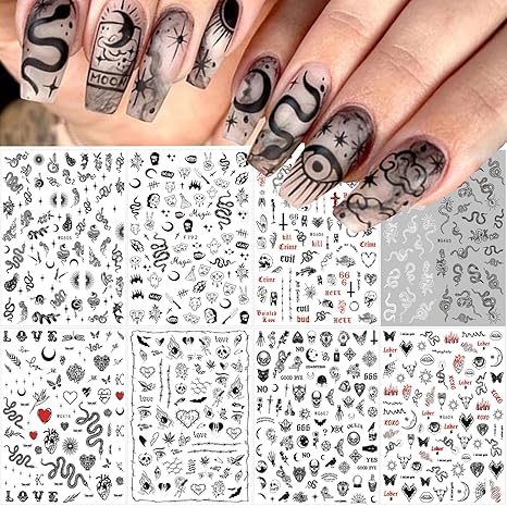 Snake Nail Art Stickers Decals Black Skull Goth Nail Decals Nail Art Supplies 3D Gothic Punk Horror Nail Stickers Designer Nail Accessories Charms Nail Designs for Acrylic Nail Art Decoration (8 Pcs) - sugar skull nail art