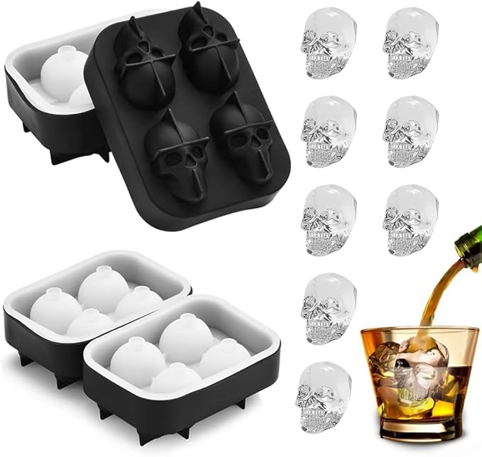 Skull Ice Cube Mold Tray - Vilei 2 Pack 3D Skull Ice Cube Tray Ice Mold Silicone Whiskey Ice Mold with Transparent lid for Iced Coffee Cup,Cocktails,Chocolate,Cake and Partie - sugar skull candle holder