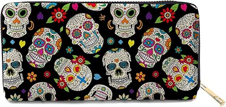 Sugar Skull Mexico Women’s Zip Around Long Wallets Pu Leather Travel Card Holder Purse - Clutch Coin Purse Card Holder Organizer (A-21) - sugar skull wallets for women