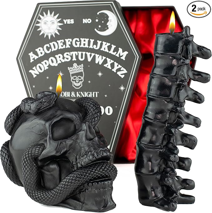 Black Skull Candle Set - Goth Candle with Snake and Spine in Coffin Gift Box - Gothic Candles for Spooky Halloween Decorations - Creepy Candles for Goth Decor - sugar skull candle holder