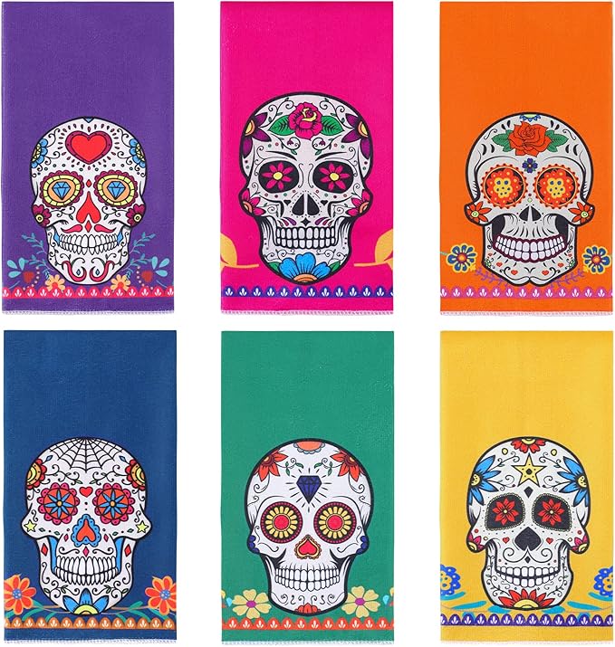 Tudomro 6 Pieces Mexican Kitchen Towels for Sugar Skull Decor Gift Kitchen Decor Dishtowel 24 x 16 Inch Mexican Holiday Absorbent Drying Cloth Hand Towels for Cooking Baking - sugar skull christmas ornament