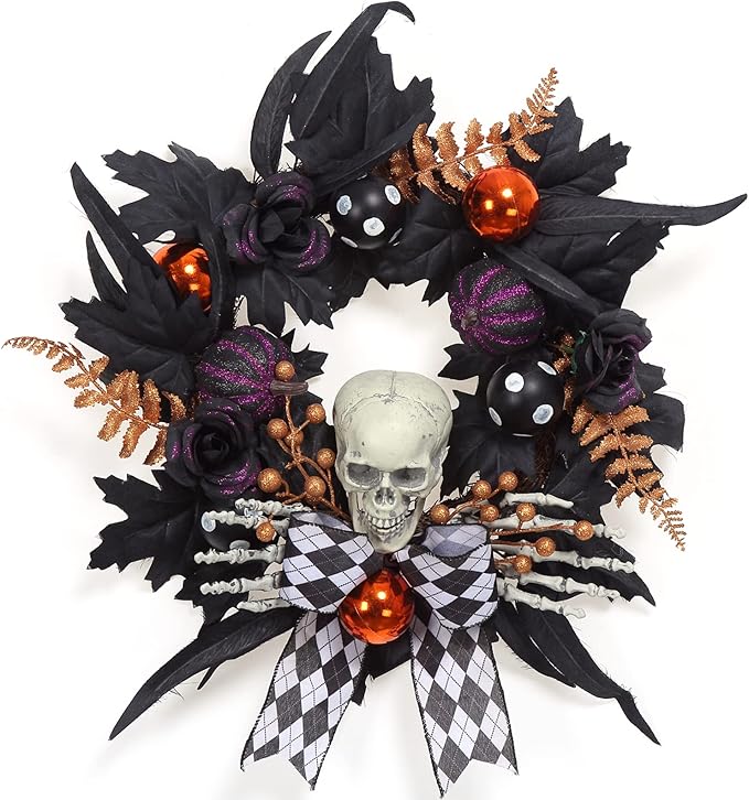 Adeeing Halloween Wreath for Front Door Halloween Skeleton Decorations, 20 Inch Pumpkin Wreath with Skull Black Roses Maple Leaves for Window Indoor Outside Home Party Decor - sugar skull wreath for front door
