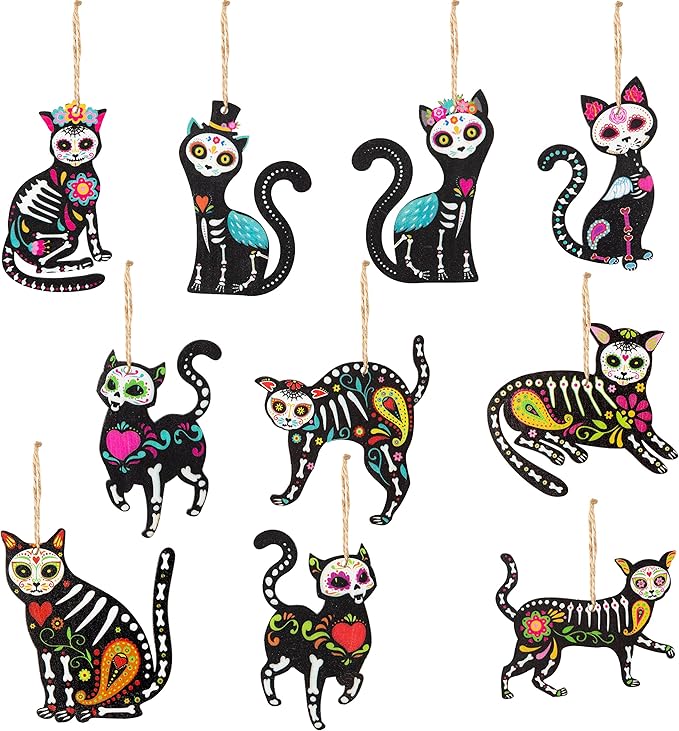 WATINC 31pcs Day of The Dead Cat Skeleton Wood Hanging Ornament, Sugar Skull Scratch Skeleton Halloween Decorations Mexican Fiesta Festival Party Wooden Gift Tags Decor, Crafts Favor for Home Tree - sugar skull christmas ornament