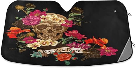 Car Windshield Sun Shade, Floral Sugar Skull Day of The Dead Foldable Sun Visor for Car Window Blocks UV Rays and Heat Reflector Sunshade Shield Cover, Fit for Most Vehicles - sugar skull car sunshade for windshield