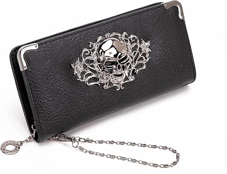Skull Wallets for Women, Zip Around Goth Wallet Large Capacity Long Purse Credit Card Clutch Wristlet for Women (A-Black) - sugar skull wallets for women