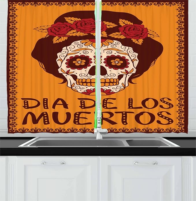 Ambesonne Sugar Skull Long Kitchen Curtains, Mexican Skull Girl with Hair and Flower Wreath Print, Two Panels Drapes with Rod Pocket Room Decor, 55" x 45", Chestnut Brown Marigold and Ruby - sugar skull wreath for front door