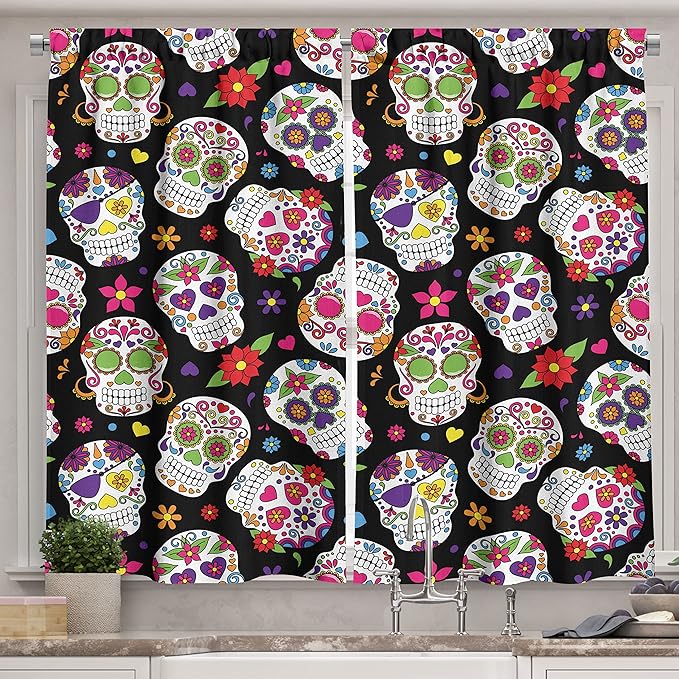 Ambesonne Sugar Skull Long Kitchen Curtains, Graveyard Mexico Design on Black Backdrop Print, Two Panels Drapes with Rod Pocket Room Decor, 55" x 45", Black Green - sugar skull christmas decorations