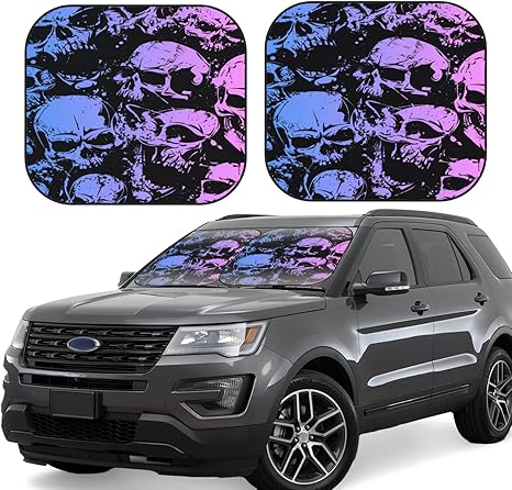 Skull Windshield Sun Shade Foldable 2pcs Car Front Window Sunshade Blocks UV Rays Portable Sun Visor Sun Shield Car Interior Accessiores Universal - sugar skull car sunshade for windshield
