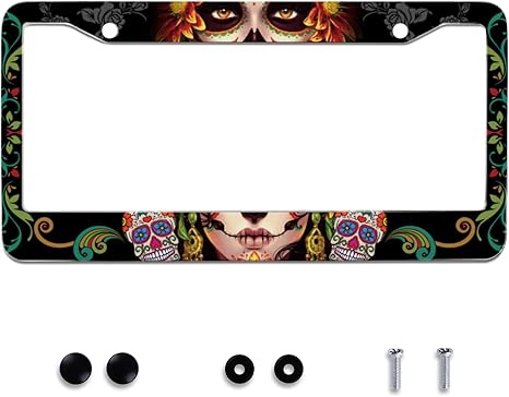 Personalise Sugar Skull Retro License Plate Frame Colorful Candy Skulls License Plate Car Universal Stainless Steel Accessories Cars Decor 2 Holes Screws Fits Standard US Vehicles Size 12.2 x 6 Inch - sugar skull car floor mats