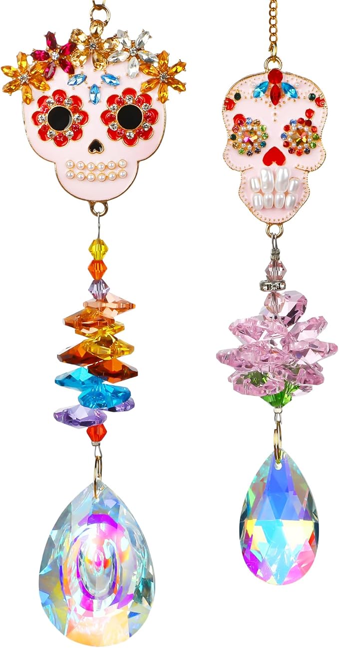 Skull-Shaped Colorful Rhinestones Pendant, Crystal Beads Chain with Glass Chandelier Suncatcher Drops Prisms Hang Ornament, Pack of 2 - sugar skull christmas ornament