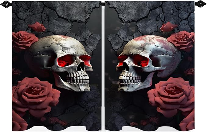 TheBlackSpot Goth Skull Floral Window Curtains Over Sink Horror Skeleton Bathroom Curtain Halloween Kitchen Valances for Cafe Basement Bay RV Rod Pocket Windows Drapes 2 Panels 27.5" W x 39" L - sugar skull shower curtain set