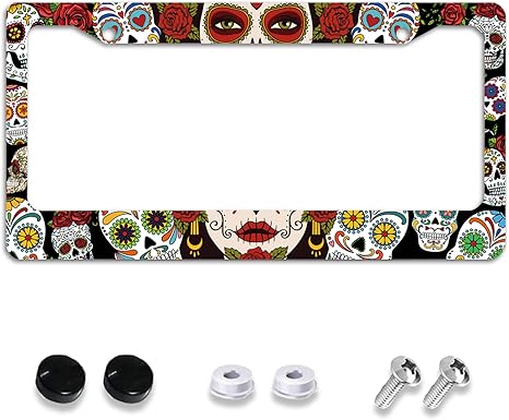 License Plate Frame,Sugar Skulls Flowers Girl Tag Decorative Aluminum Metal Cover for Women,U S Canada Standard,Auto Vehicle Accessories 2 Holes with Screw Caps—12x6 Inch - sugar skull plates set